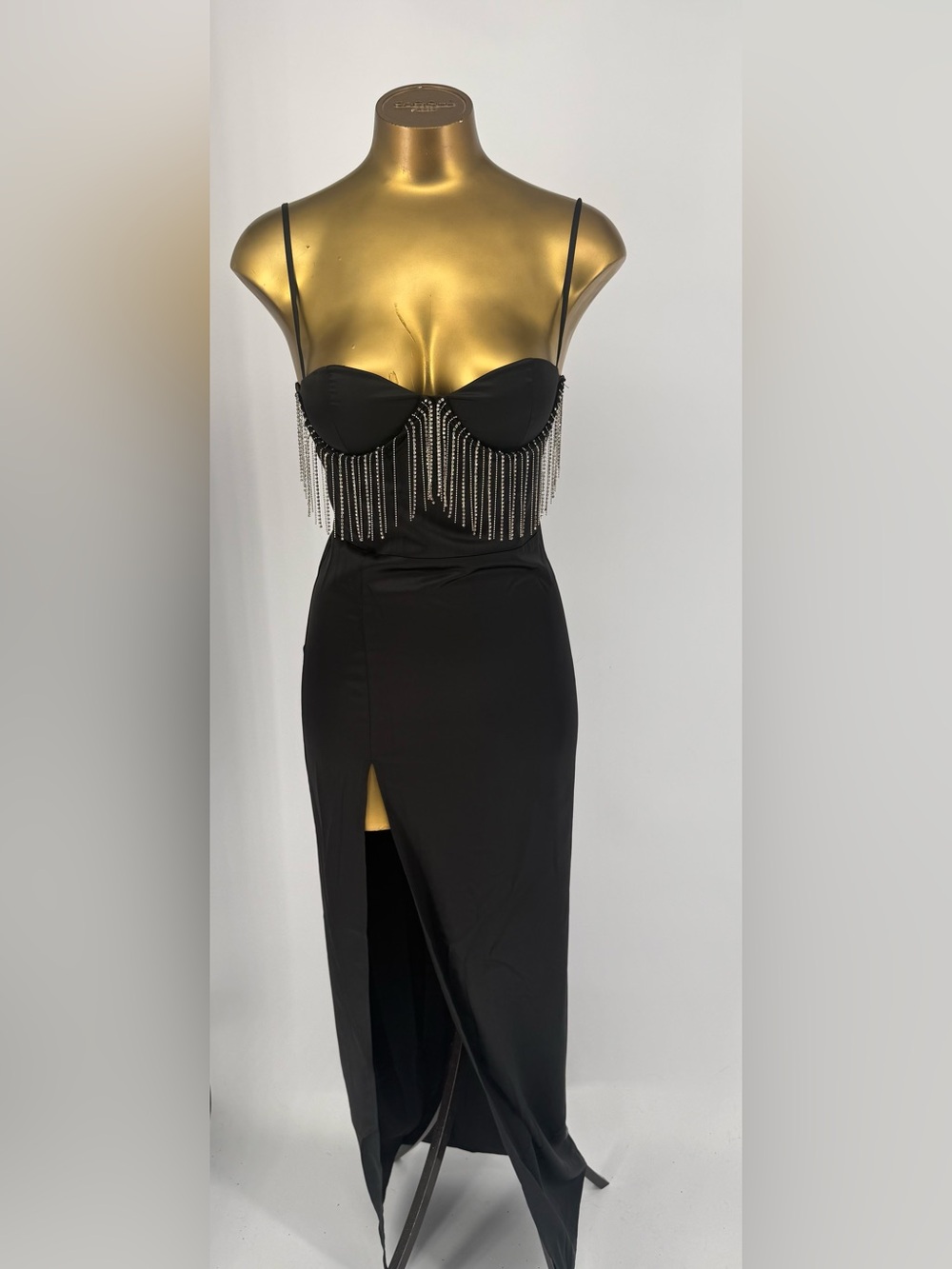 NWT PrettyLittleThing Black High-Slit Maxi Skirt with Beaded Fringe Size 2